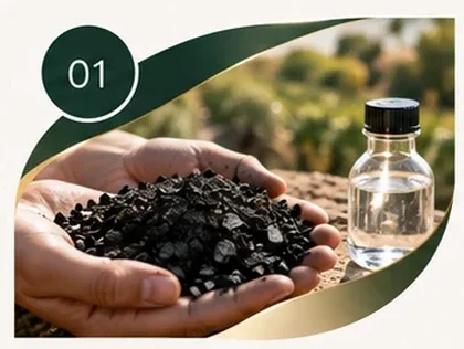 Hands holding biochar beside a sample bottle of clear liquid, 01